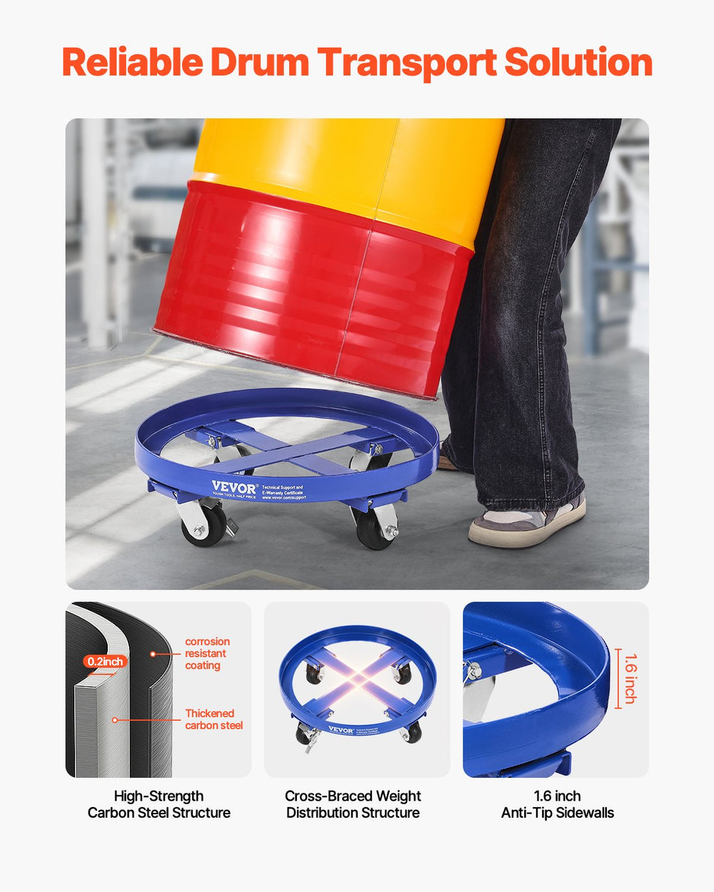 VEVOR 55 Gallon Drum Dolly, 2000 lbs Load Capacity, Heavy-Duty Barrel Dolly with Cross Braces and 4 Swivel Caster Wheels, Non Tipping Hand Truck Capacity Dollies for Warehouse Drum Handling, Blue