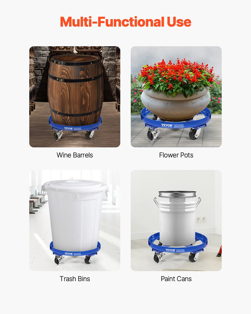 VEVOR 55 Gallon Drum Dolly, 2000 lbs Load Capacity, Heavy-Duty Barrel Dolly with Cross Braces and 4 Swivel Caster Wheels, Non Tipping Hand Truck Capacity Dollies for Warehouse Drum Handling, Blue