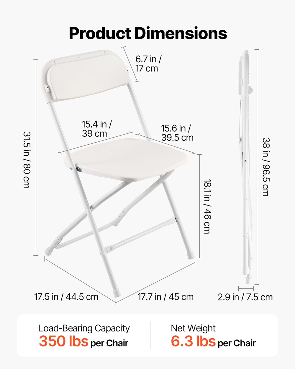 VEVOR 4 Pack Folding Chairs, Foldable Plastic Chairs with Heavy Duty Metal Frame, Portable Folding Card Table Chairs, Stackable Indoor Outdoor Seats for Home, Yard, Garden, Parties, Events, White