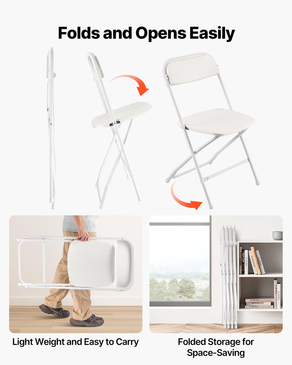 VEVOR 4 Pack Folding Chairs, Foldable Plastic Chairs with Heavy Duty Metal Frame, Portable Folding Card Table Chairs, Stackable Indoor Outdoor Seats for Home, Yard, Garden, Parties, Events, White