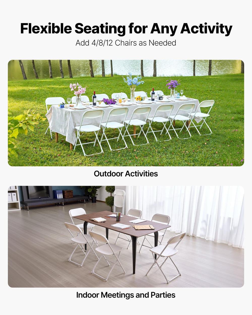 VEVOR 4 Pack Folding Chairs, Foldable Plastic Chairs with Heavy Duty Metal Frame, Portable Folding Card Table Chairs, Stackable Indoor Outdoor Seats for Home, Yard, Garden, Parties, Events, White