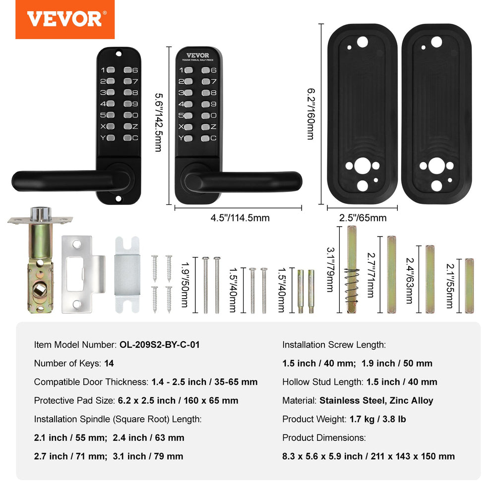 VEVOR Mechanical Keyless Entry Door Lock, 14 Digit Keypad, Double-sided Embedded Outdoor Gate Door Locks Set with Keypad and Handle, Water-proof Zinc Alloy, Easy to Install, for Garden, Yard, Garage