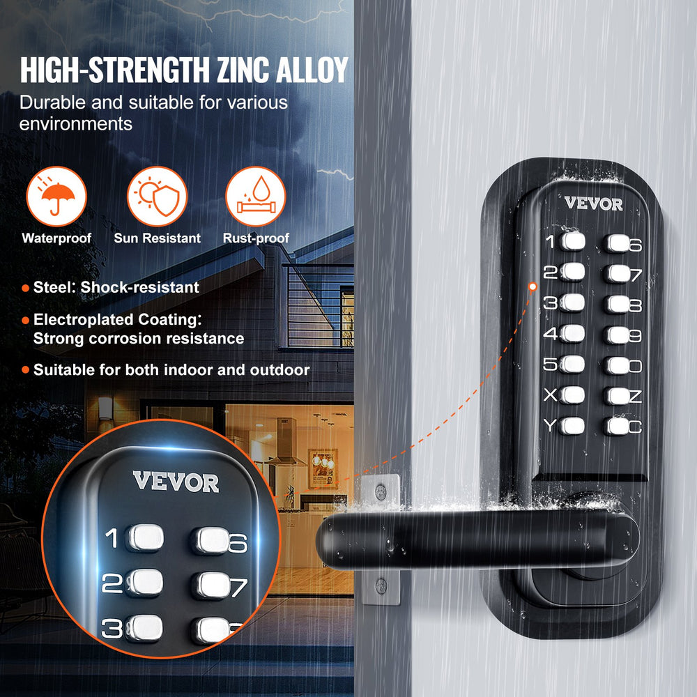 VEVOR Mechanical Keyless Entry Door Lock, 14 Digit Keypad, Double-sided Embedded Outdoor Gate Door Locks Set with Keypad and Handle, Water-proof Zinc Alloy, Easy to Install, for Garden, Yard, Garage