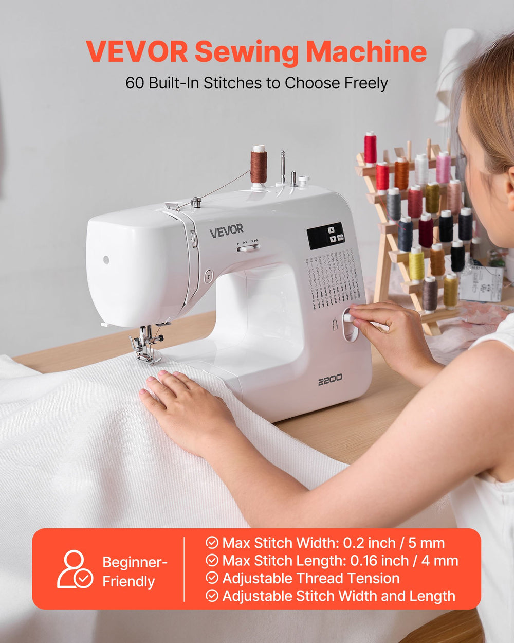 VEVOR Computerized Sewing Machine, 60 Stitch Applications, with LED Screen, Foot Pedal and LED Light, Heavy-Duty Metal Frame, Digital Sewing Machine with Powerful Motor for Crafts and Mending