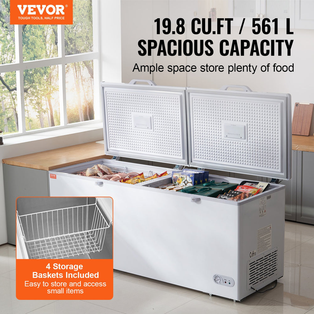 VEVOR Chest Freezer, 19.8 cu.ft / 561 L Large Deep Freezer with Split Top Double Locking Lids, Freestanding Commercial Chest Freezer & 4 Removable Baskets, 7-Level Adjustable Temp, LED Light, 6 Wheels