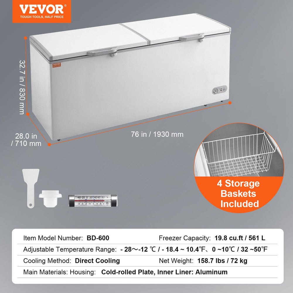 VEVOR Chest Freezer, 19.8 cu.ft / 561 L Large Deep Freezer with Split Top Double Locking Lids, Freestanding Commercial Chest Freezer & 4 Removable Baskets, 7-Level Adjustable Temp, LED Light, 6 Wheels