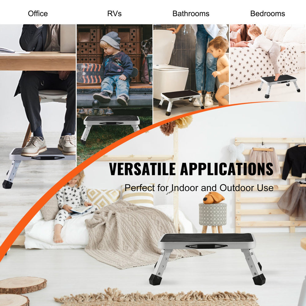 VEVOR Step Stool 1-Step 150KG Capacity, Folding Steel Step Ladder 3 Adjustable Height, Portable Toddler Step Stools for Adults, Non-Slip Sturdy Step Ladders for Office, RVs, Pets, Bathrooms, Bedrooms