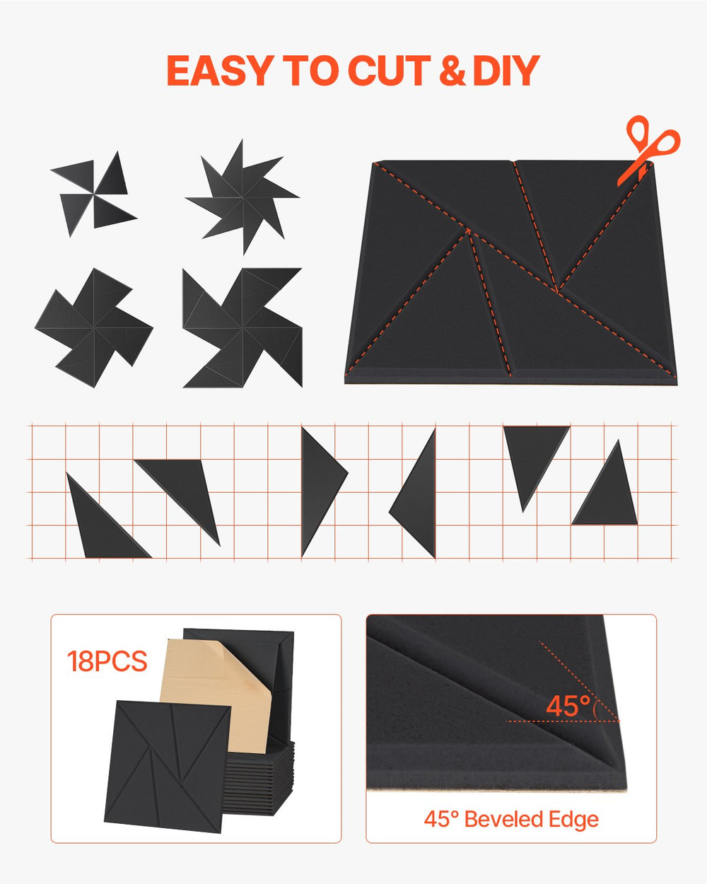 VEVOR 18 Pack Acoustic Panels with Self Adhesive, 11.8 x 11.8 x 0.4 inch Sound Proof Foam Panels, Polyester Fiber Soundproof Wall Panels High Density, for Home, Studio, Office, Theater, Black