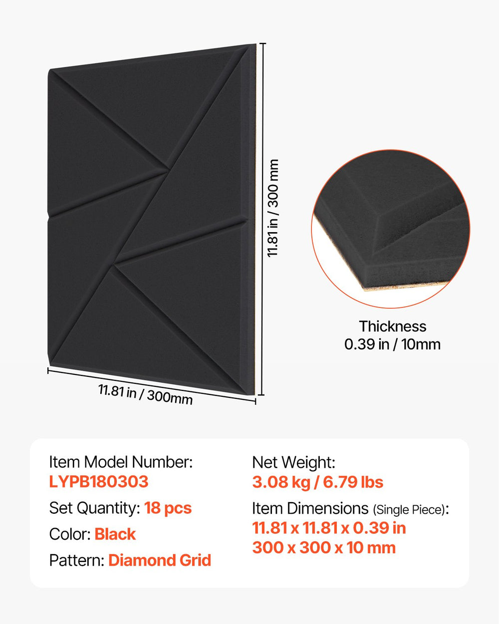 VEVOR 18 Pack Acoustic Panels with Self Adhesive, 11.8 x 11.8 x 0.4 inch Sound Proof Foam Panels, Polyester Fiber Soundproof Wall Panels High Density, for Home, Studio, Office, Theater, Black