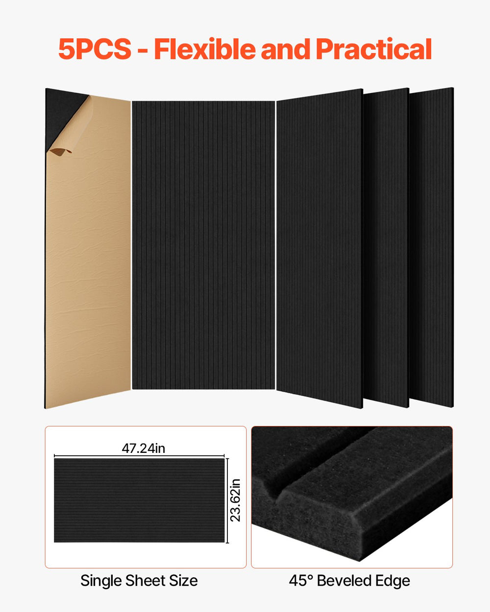 VEVOR 5 Pack Acoustic Panels with Self Adhesive, 47.2 x 23.6 x 0.4 inch Sound Proof Foam Panels, Polyester Fiber Soundproof Wall Panels High Density, for Home, Studio, Office, Theater, Black
