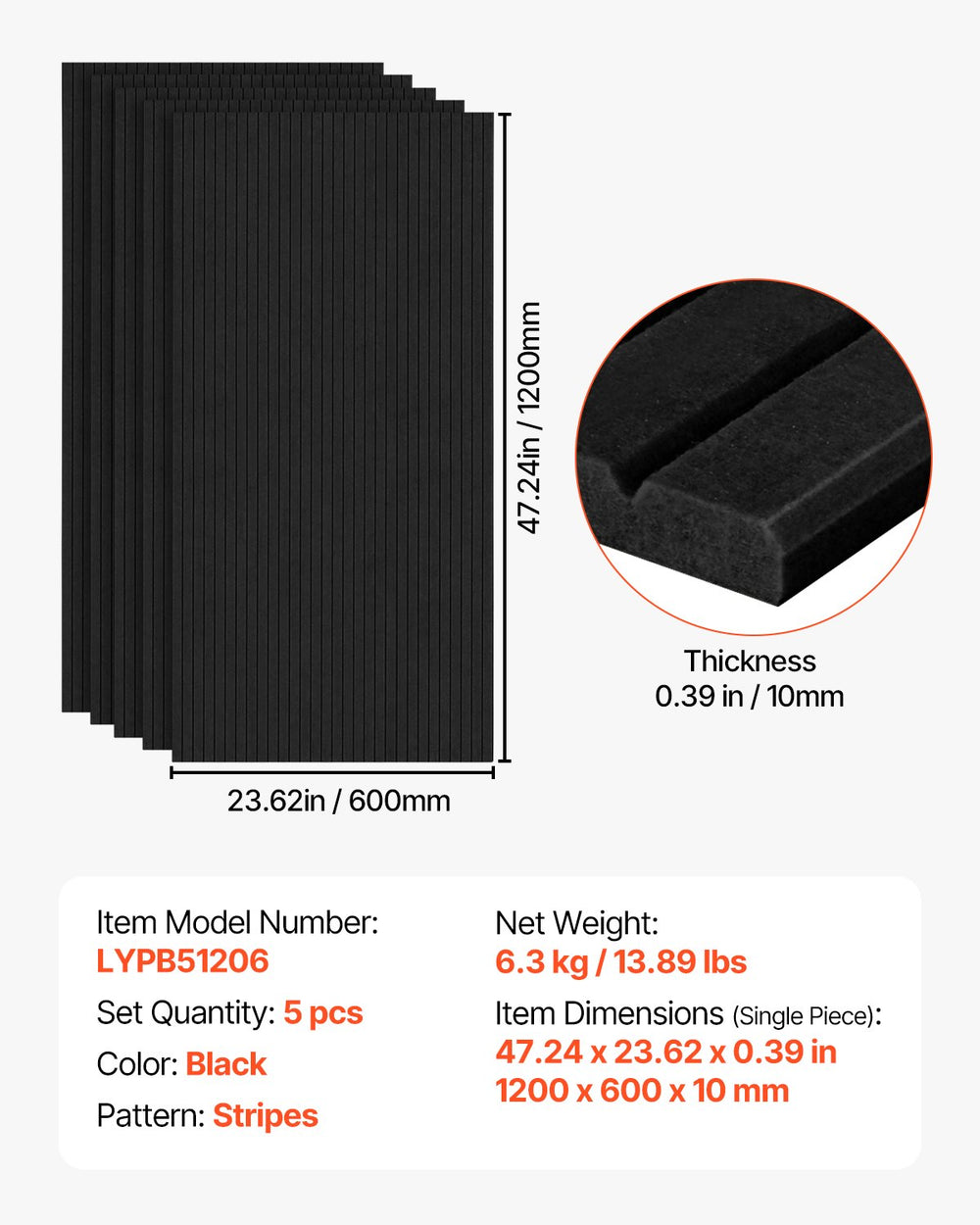 VEVOR 5 Pack Acoustic Panels with Self Adhesive, 47.2 x 23.6 x 0.4 inch Sound Proof Foam Panels, Polyester Fiber Soundproof Wall Panels High Density, for Home, Studio, Office, Theater, Black
