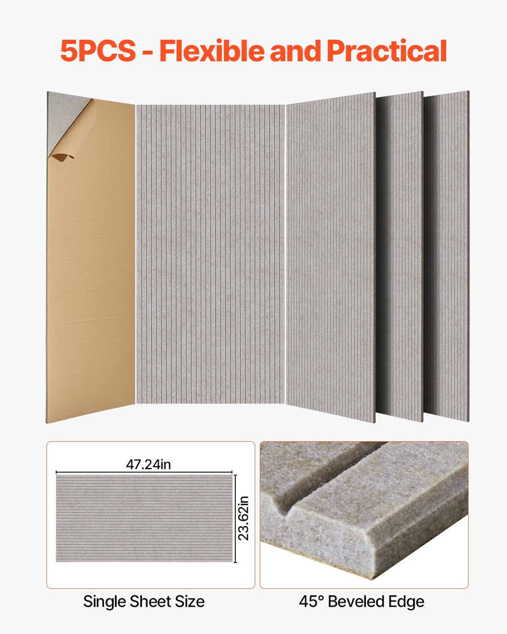VEVOR 5 PCS Acoustic Panels, 120 x 60cm Self-Adhesive Sound Proof Foam Panels, Large Polyester Fiber Sound Absorbing Wall Tiles, Echo Absorbtion for Home Studio,Office, Theater, Camel