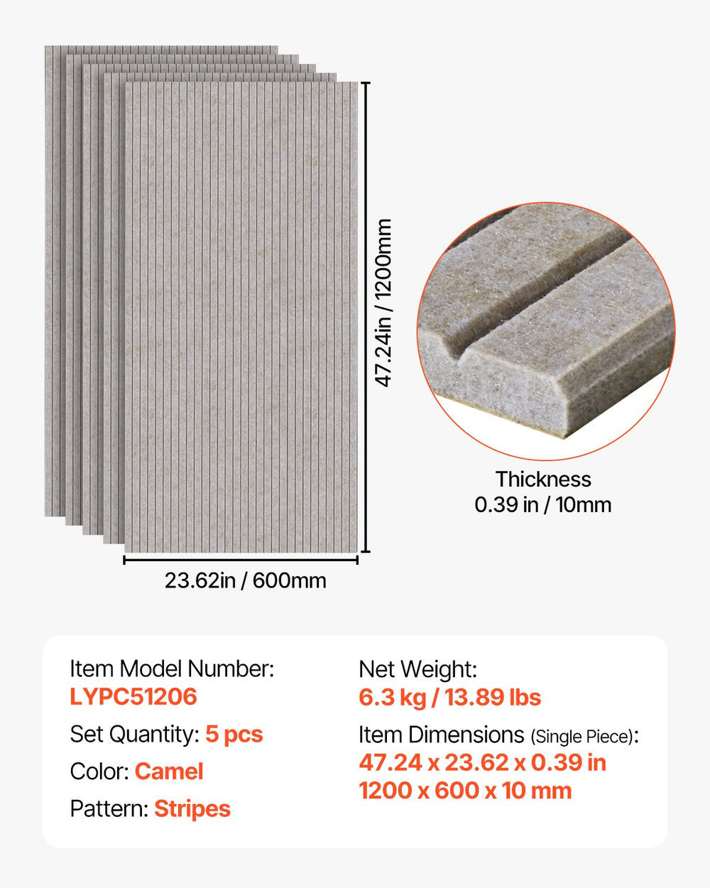 VEVOR 5 PCS Acoustic Panels, 120 x 60cm Self-Adhesive Sound Proof Foam Panels, Large Polyester Fiber Sound Absorbing Wall Tiles, Echo Absorbtion for Home Studio,Office, Theater, Camel