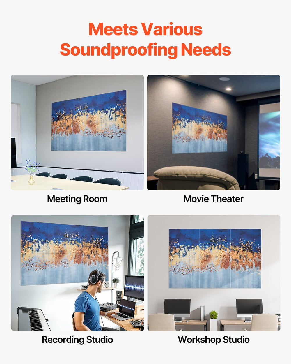 VEVOR 6 Pack Art Acoustic Panels, 70.87 x 47.24 x 0.4 inch Soundproof Wall Tiles, Self Adhesive Decorative Sound Dampening Absorbing Boards for Home, Office, Studio, Gaming Room, Theater, Pastel