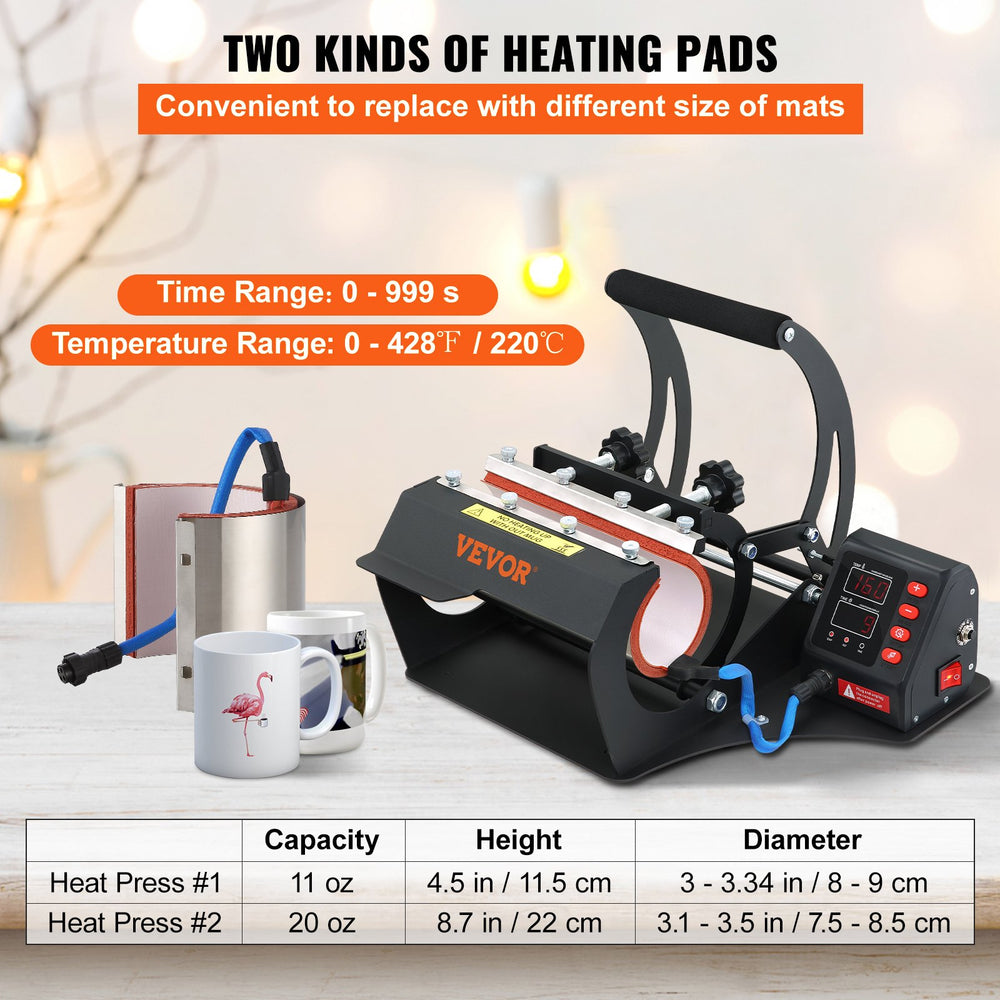 VEVOR Mug Heat Press, 11oz/11.5cm and 20oz/22cm Two Platens, LCD Cup Press Machine with Detachable Transfer Sublimation Mats, DIY Presser for Coffee Skinny Tumblers, Silica-Gel Printing, Black