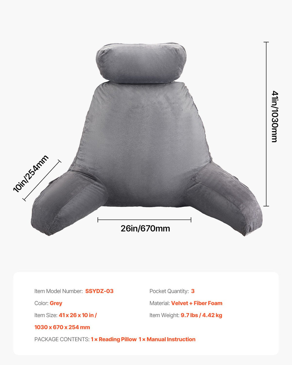 VEVOR Reading Pillow, Large Bed Pillow with Removable Headrest, Back Pillow with 3 Pockets, Shredded Memory Foam and Washable Short Velvet Cloth, Side with Handles for Reading, Gaming, Resting, Grey