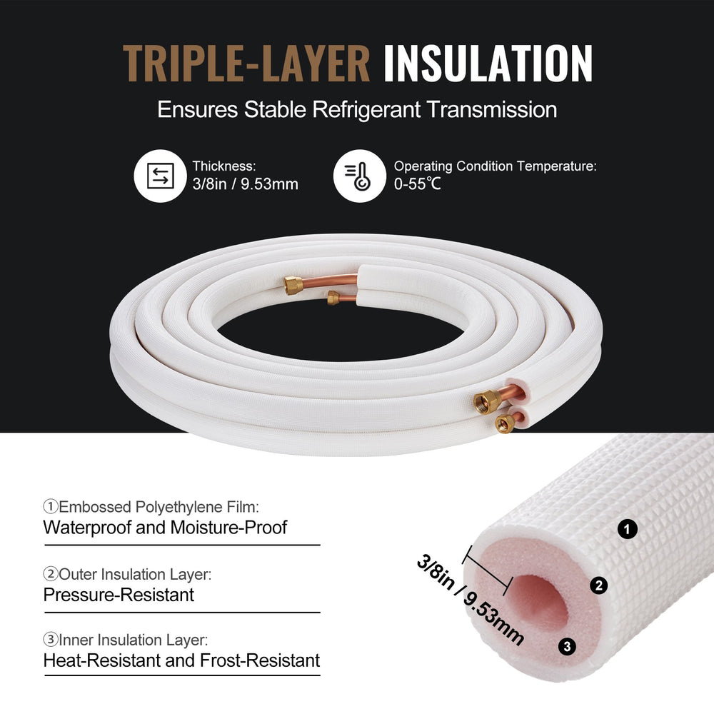 VEVOR 7620mm Mini Split Line Set, 6.4 & 12.7mm O.D Copper Pipes Tubing and Triple-Layer Insulation, for Mini Split Air Conditioning Refrigerant or Heating Pump Equipment & HVAC with Wrapping Strips.