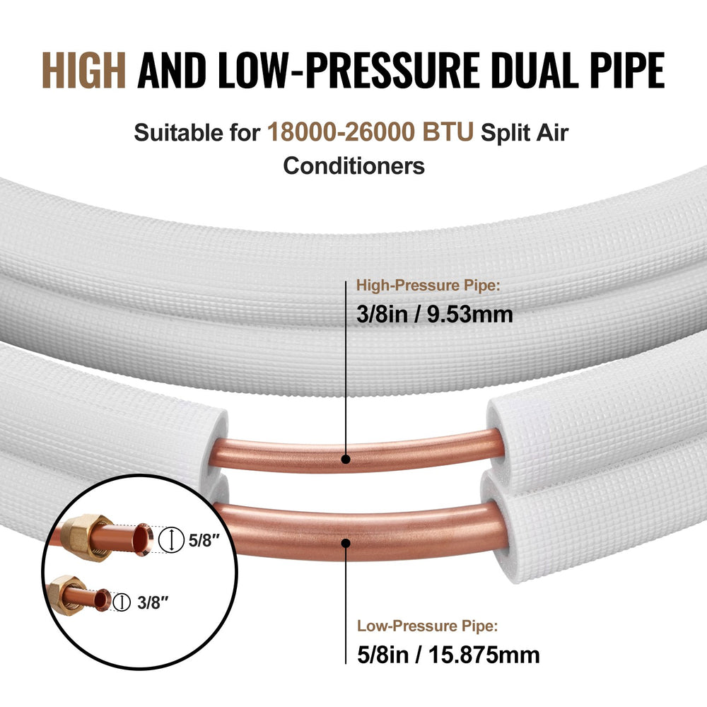 VEVOR 7620mm Mini Split Line Set, 9.5 & 15.9mm O.D Copper Pipes Tubing and Triple-Layer Insulation, for Mini Split Air Conditioning Refrigerant or Heating Pump Equipment & HVAC with Wrapping Strips.