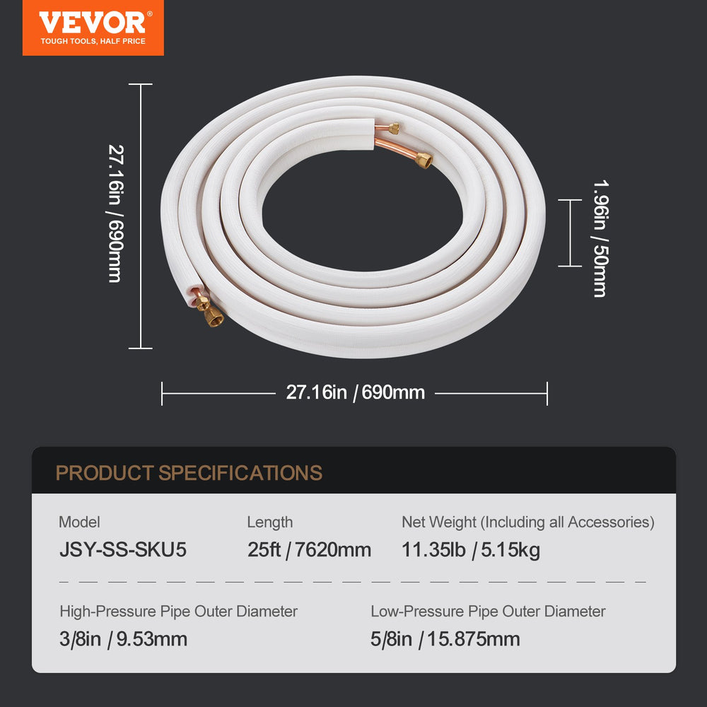VEVOR 7620mm Mini Split Line Set, 9.5 & 15.9mm O.D Copper Pipes Tubing and Triple-Layer Insulation, for Mini Split Air Conditioning Refrigerant or Heating Pump Equipment & HVAC with Wrapping Strips.