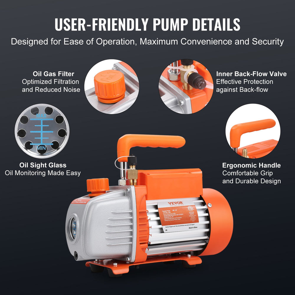 VEVOR 1/4 HP HVAC Vacuum Pump and Gauge Set 4 CFM Manifold Gauge Kit with Hose