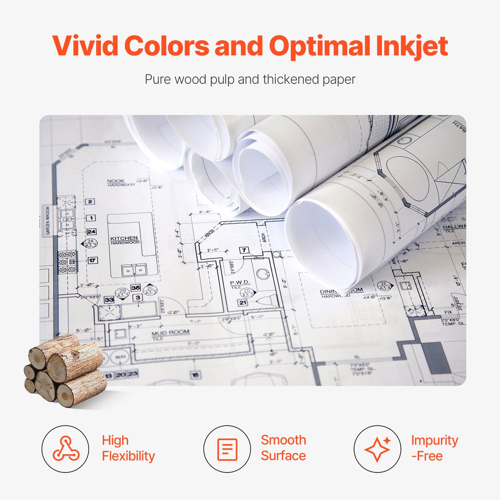 VEVOR Wide Format Paper, 61 cm x 152.4 m Plotter Paper, 2 Rolls CAD Bond Rolls with 7.62 cm Core, 75 g/m² Bond Paper Rolls, Idea for CAD Drawings, Engineering Plans, GIS Maps & Architectural Designs