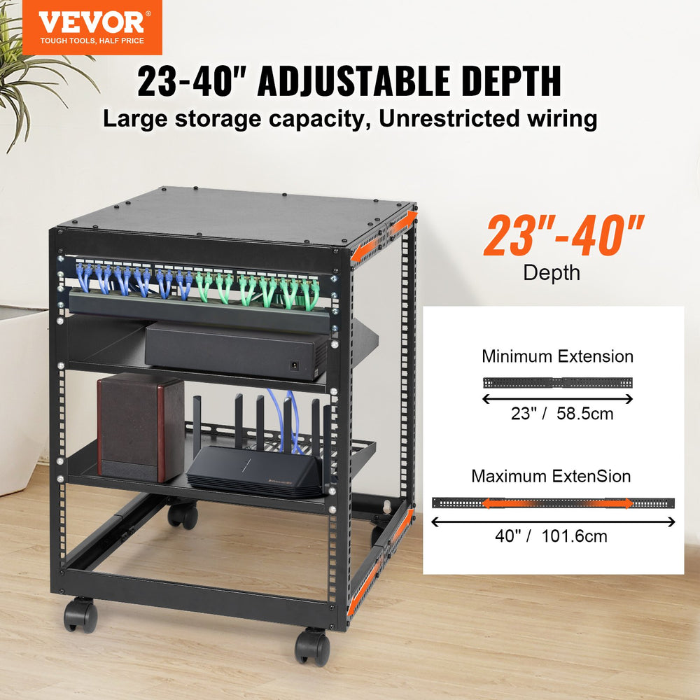 VEVOR 12U Open Frame Server Rack, 58.5-101.6cm Adjustable Depth, Free Standing or Wall Mount Network Server Rack, 4 Post AV Rack with Casters, Holds All Your Networking IT Equipment AV Gear Router Modem