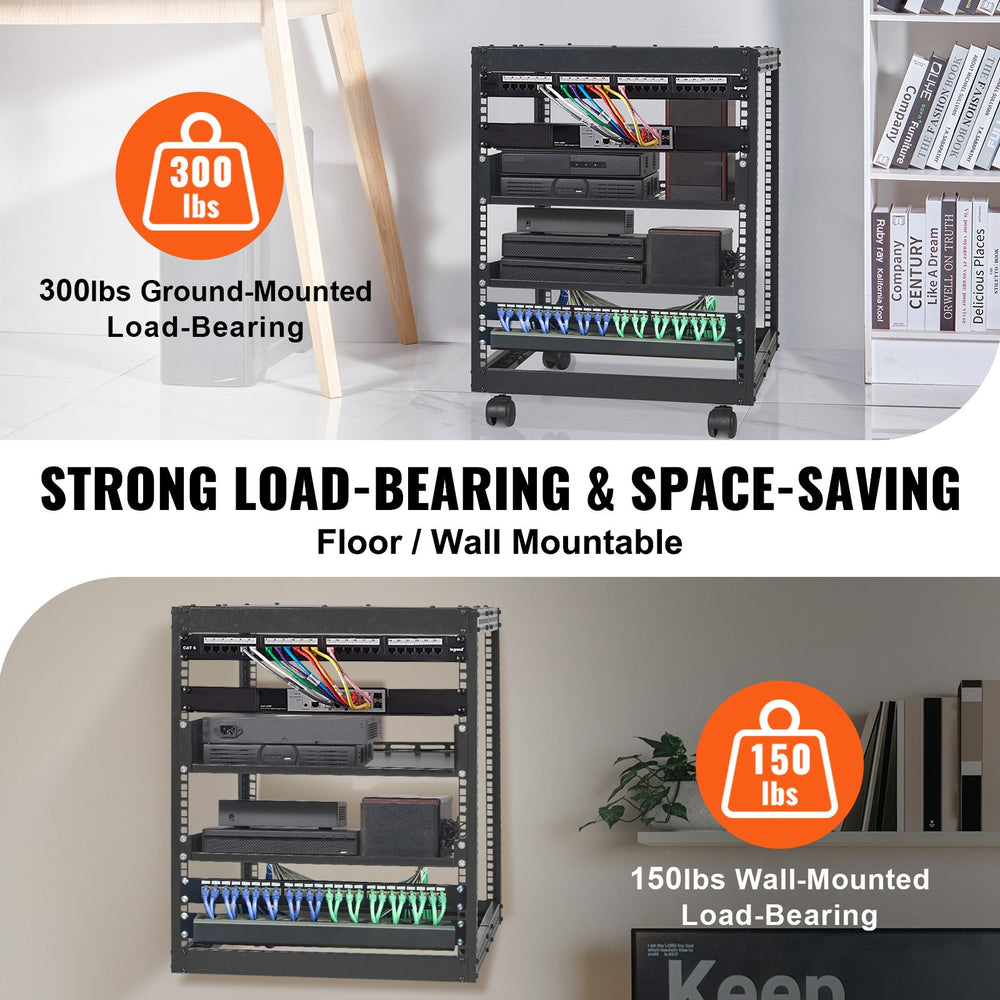 VEVOR 12U Open Frame Server Rack, 58.5-101.6cm Adjustable Depth, Free Standing or Wall Mount Network Server Rack, 4 Post AV Rack with Casters, Holds All Your Networking IT Equipment AV Gear Router Modem