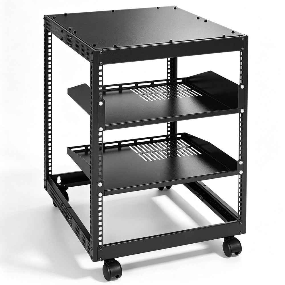 VEVOR 12U Open Frame Server Rack, 58.5-101.6cm Adjustable Depth, Free Standing or Wall Mount Network Server Rack, 4 Post AV Rack with Casters, Holds All Your Networking IT Equipment AV Gear Router Modem