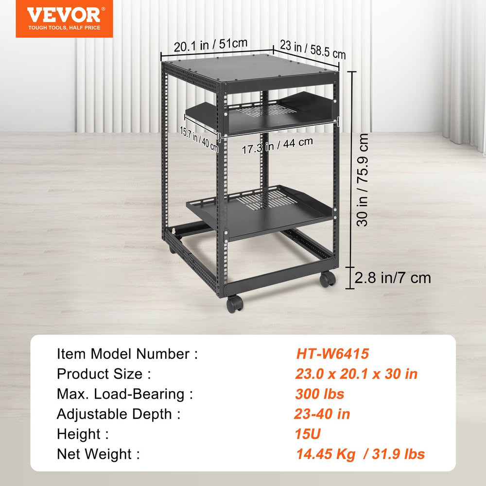 VEVOR 15U Open Frame Server Rack, 58.5-101.6cm/23-40 in Adjustable Depth, Free Standing or Wall Mount Network Server Rack, 4 Post AV Rack with Casters, Holds All Your Networking IT Equipment AV Gear Router Modem