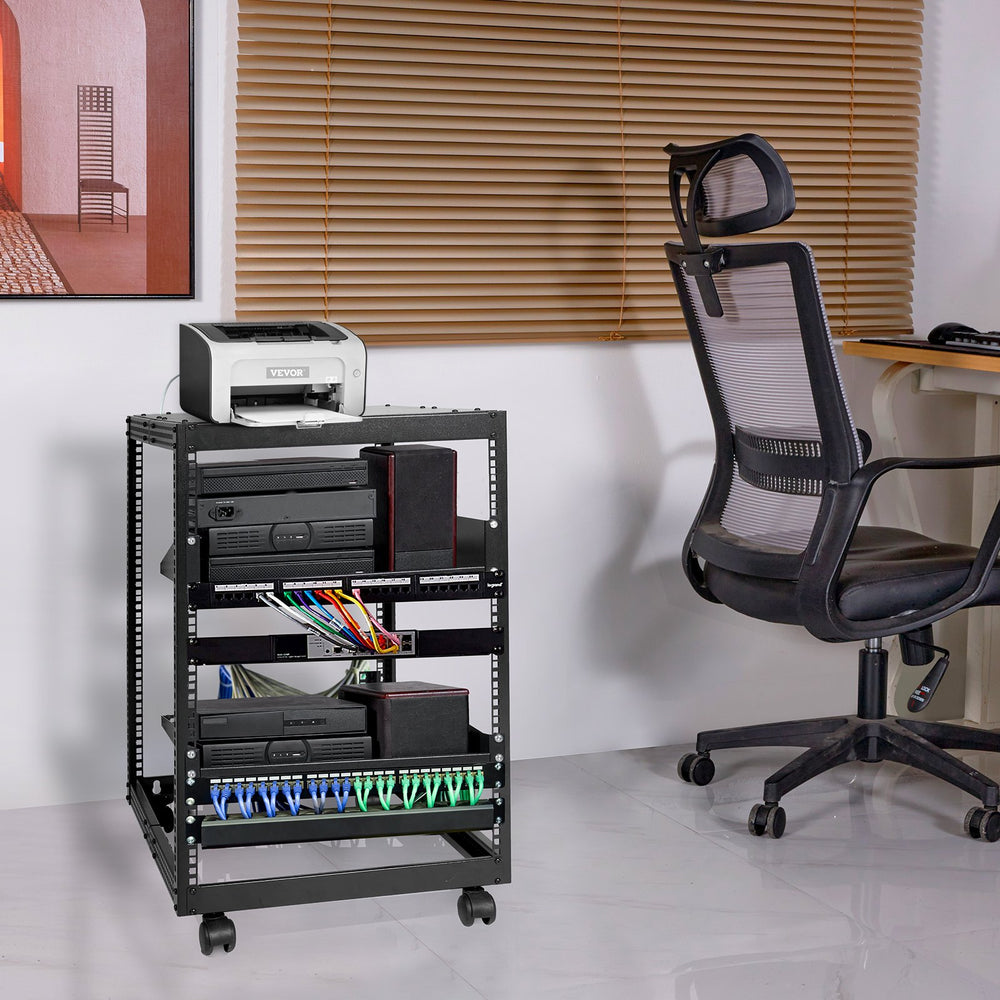 VEVOR 15U Open Frame Server Rack, 58.5-101.6cm/23-40 in Adjustable Depth, Free Standing or Wall Mount Network Server Rack, 4 Post AV Rack with Casters, Holds All Your Networking IT Equipment AV Gear Router Modem