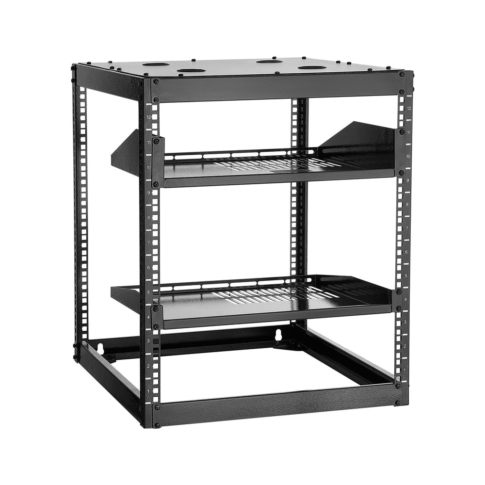 VEVOR 12U Open Frame Network Rack, 585 mm Depth, Wall Mounted or Floor Standing Server Rack, Heavy Duty 4 Post, with Vented Shelves & Mounting Hardware, Holds All Your Networking IT Equipment AV Gear