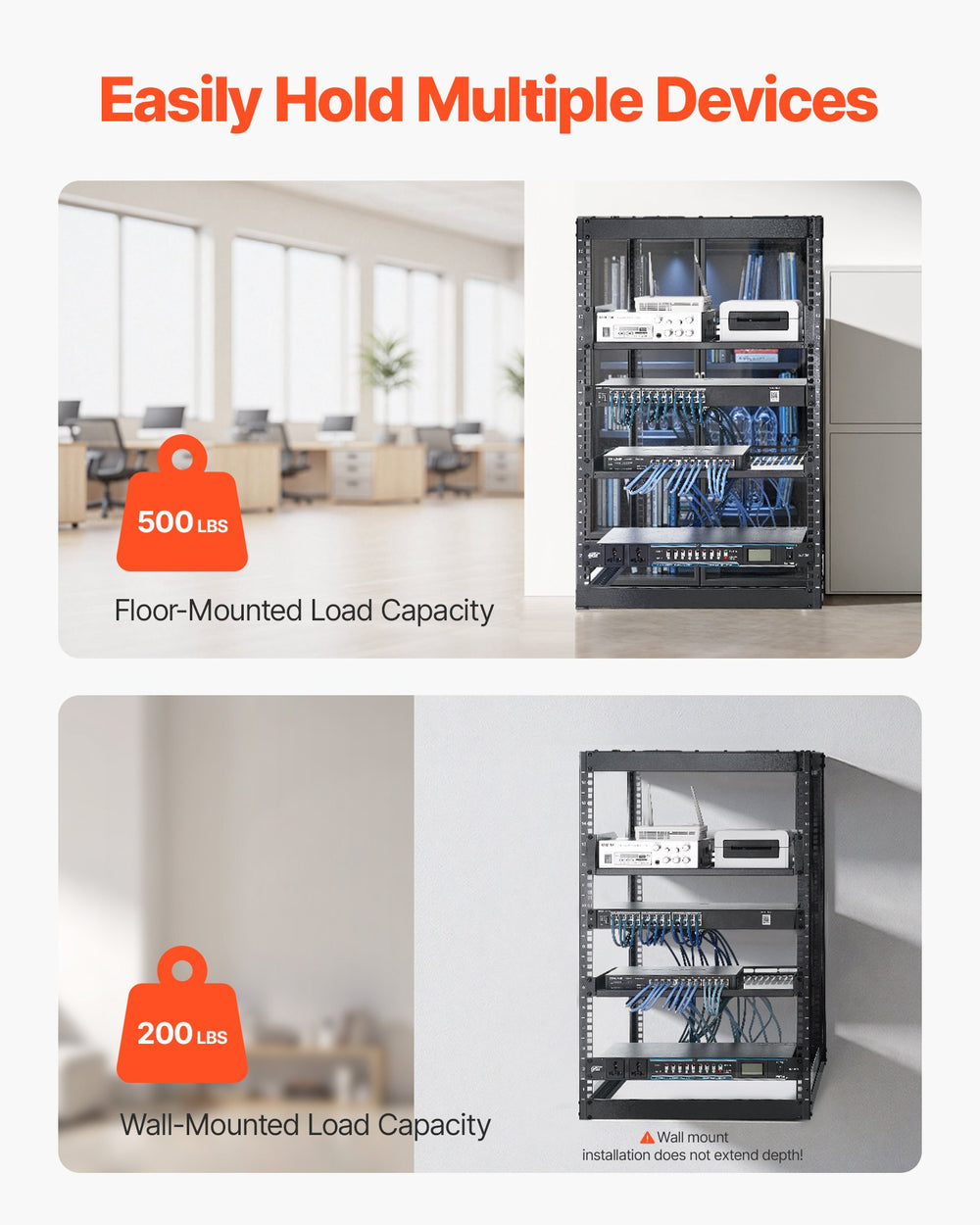 VEVOR 16U Open Frame Network Rack, 585 mm Depth, Wall Mounted or Floor Standing Server Rack, Heavy Duty 4 Post, with Vented Shelves & Mounting Hardware, Holds All Your Networking IT Equipment AV Gear