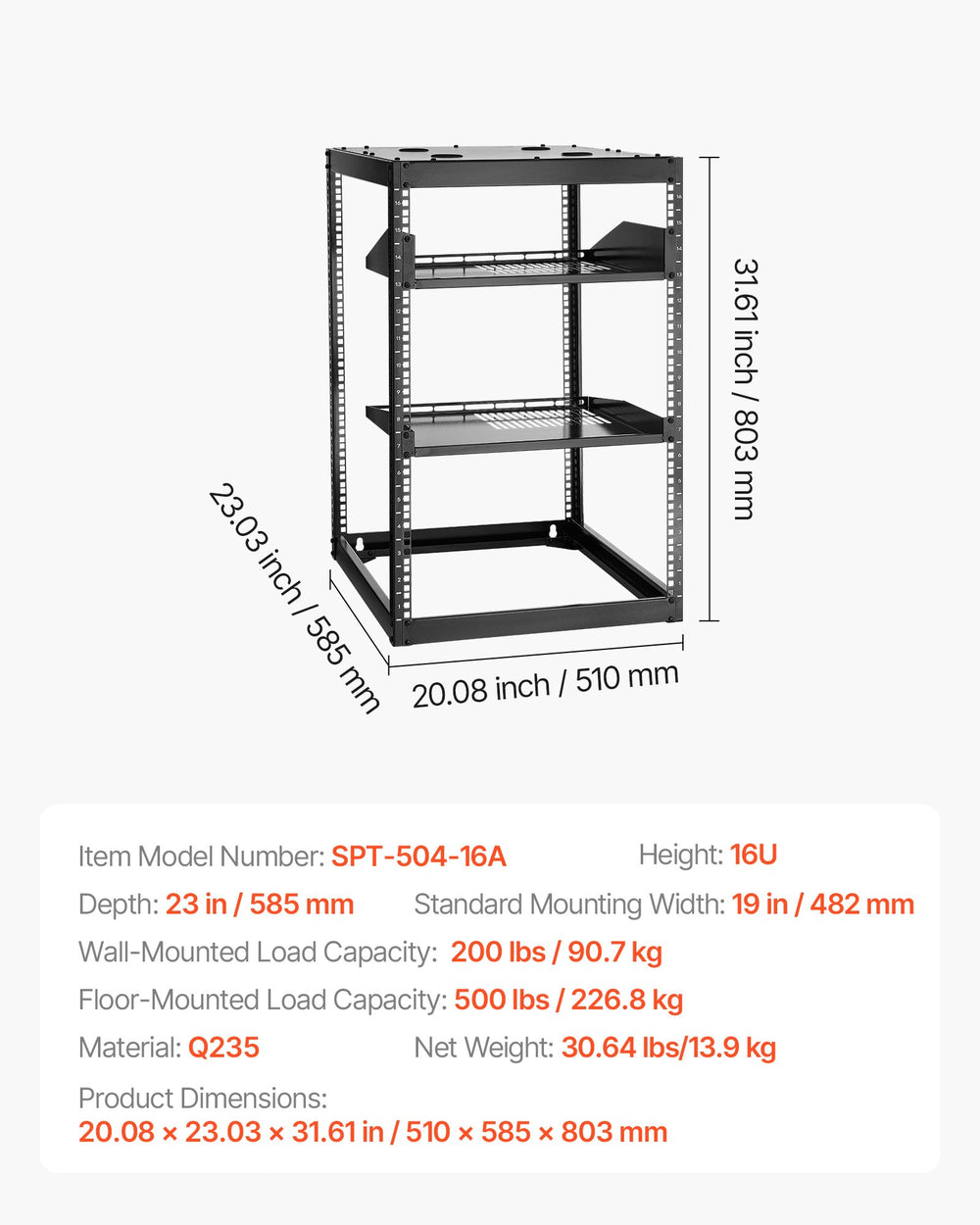 VEVOR 16U Open Frame Network Rack, 585 mm Depth, Wall Mounted or Floor Standing Server Rack, Heavy Duty 4 Post, with Vented Shelves & Mounting Hardware, Holds All Your Networking IT Equipment AV Gear