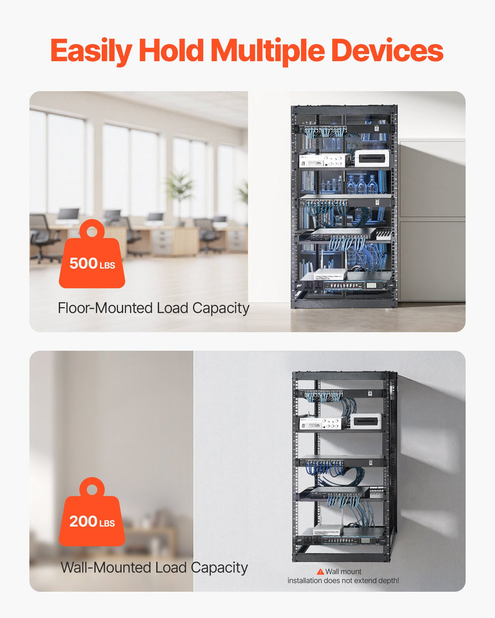 VEVOR 20U Open Frame Network Rack, 585 mm Depth, Wall Mounted or Floor Standing Server Rack, Heavy Duty 4 Post, with Vented Shelves & Mounting Hardware, Holds All Your Networking IT Equipment AV Gear