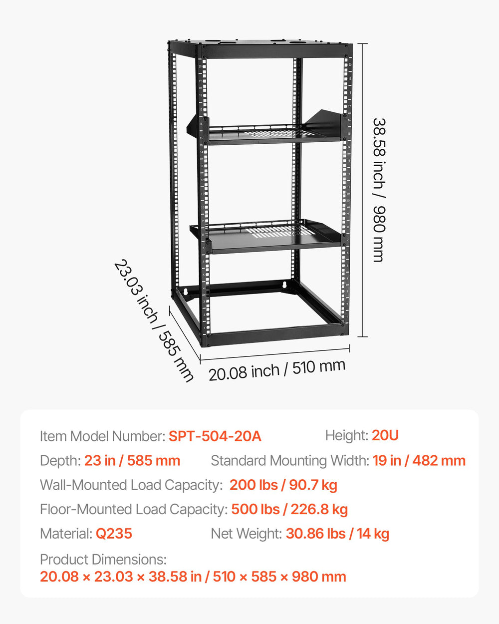 VEVOR 20U Open Frame Network Rack, 585 mm Depth, Wall Mounted or Floor Standing Server Rack, Heavy Duty 4 Post, with Vented Shelves & Mounting Hardware, Holds All Your Networking IT Equipment AV Gear