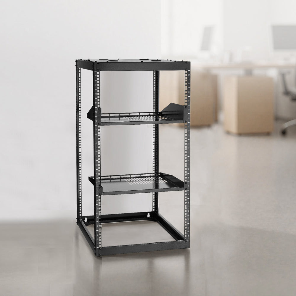 VEVOR 20U Open Frame Network Rack, 585 mm Depth, Wall Mounted or Floor Standing Server Rack, Heavy Duty 4 Post, with Vented Shelves & Mounting Hardware, Holds All Your Networking IT Equipment AV Gear