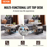 VEVOR Lift Top Coffee Table, 35.3 in Round Coffee Table with Extra Storage Pockets, Pop Up Coffee Table for Living Room, White