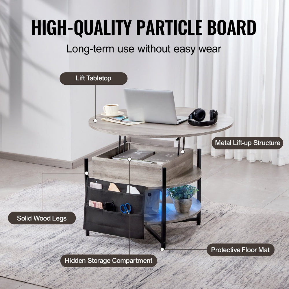 VEVOR Lift Top Coffee Table, 35.3 in Round Coffee Table with Extra Storage Pockets, Pop Up Coffee Table for Living Room, White