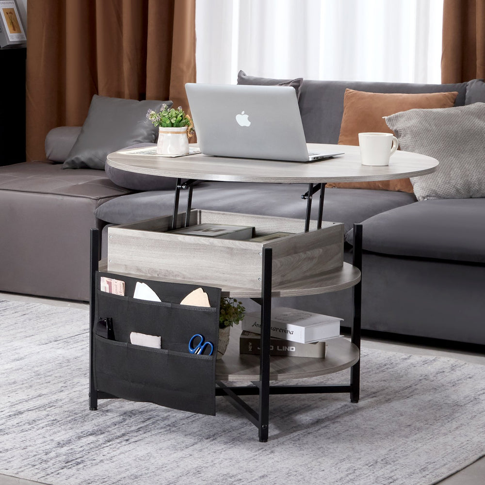 VEVOR Lift Top Coffee Table, 35.3 in Round Coffee Table with Extra Storage Pockets, Pop Up Coffee Table for Living Room, White