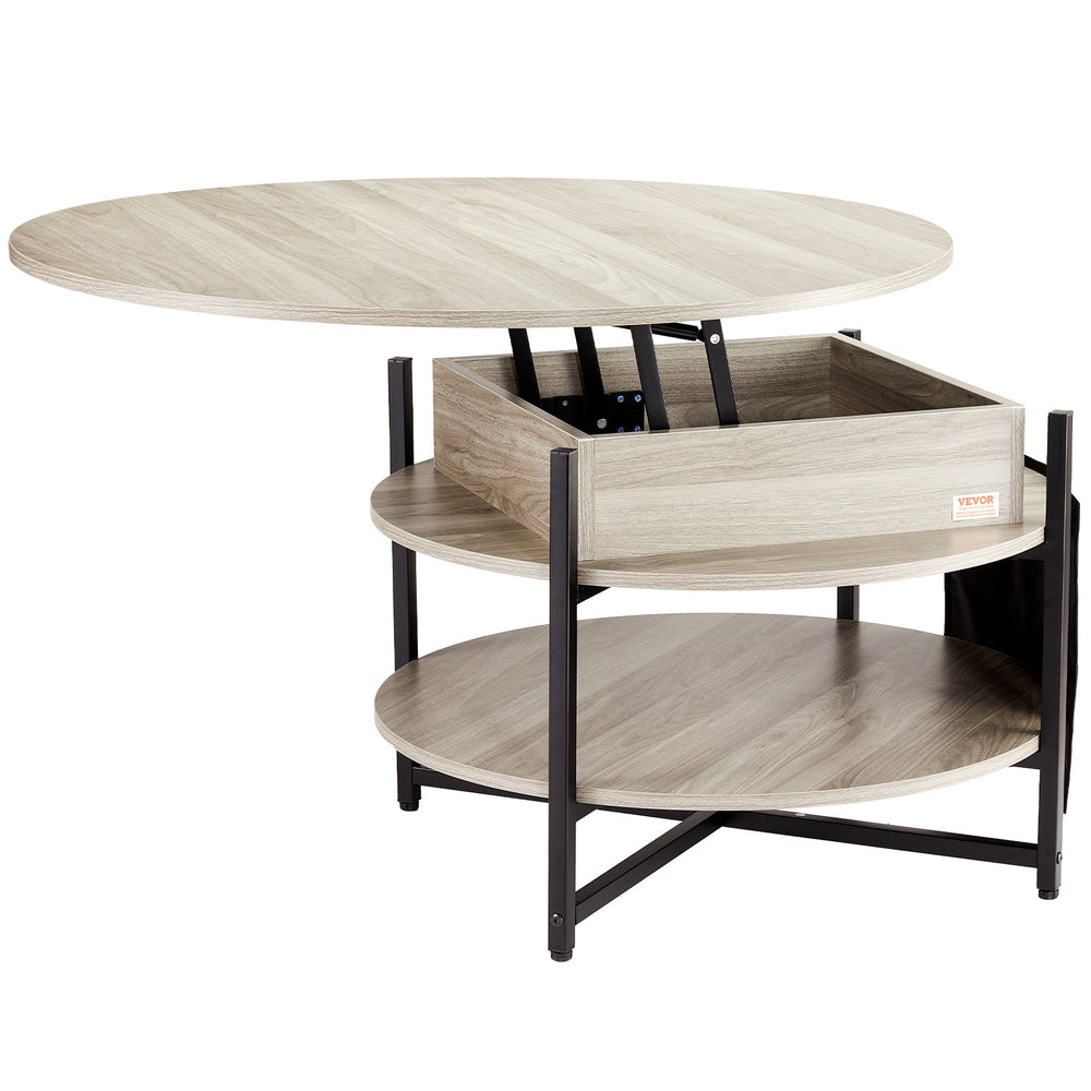VEVOR Lift Top Coffee Table, 35.3 in Round Coffee Table with Extra Storage Pockets, Pop Up Coffee Table for Living Room, White