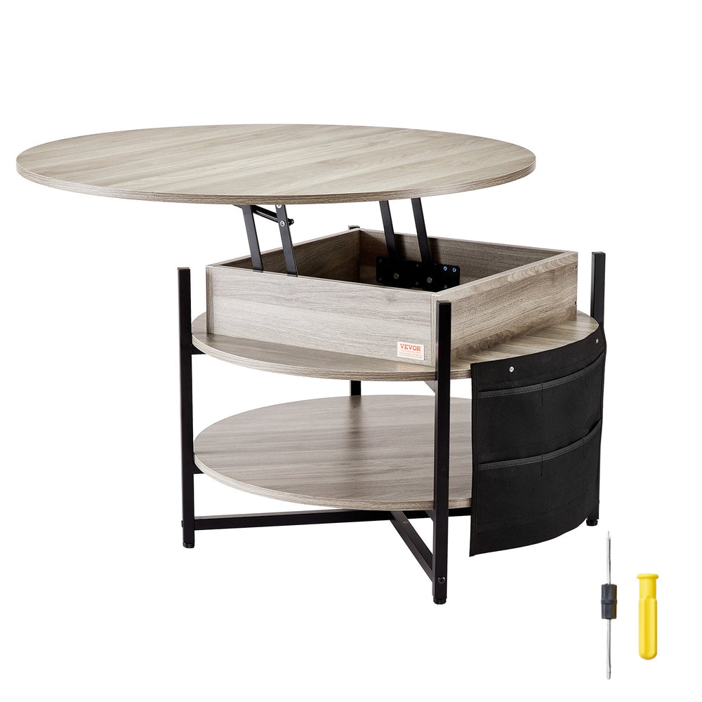 VEVOR Lift Top Coffee Table, 35.3 in Round Coffee Table with Extra Storage Pockets, Pop Up Coffee Table for Living Room, White