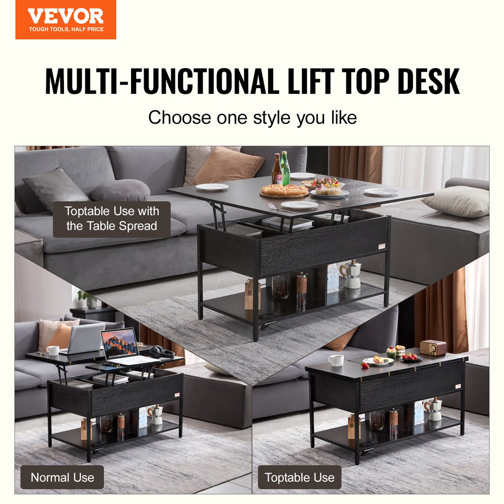 VEVOR Lift Top Coffee Table, 39.4 in Rectangle Coffee Table with Extra Storage Pockets, Flipable Coffee Table with Power Strip & USB & Ambient Lighting for Living Room, Black