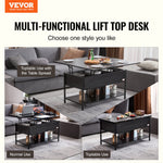 VEVOR Lift Top Coffee Table, 39.4 in Rectangle Coffee Table with Extra Storage Pockets, Flipable Coffee Table with Power Strip & USB & Ambient Lighting for Living Room, Black