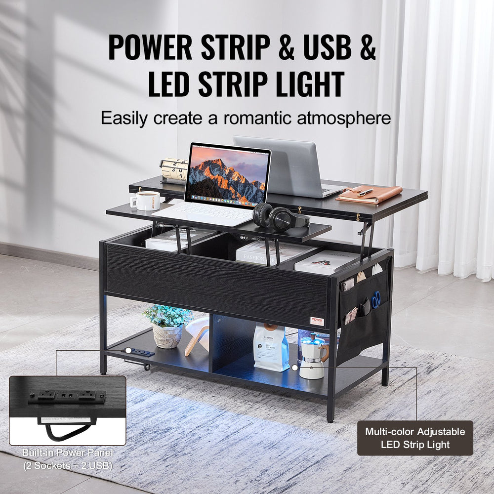 VEVOR Lift Top Coffee Table, 39.4 in Rectangle Coffee Table with Extra Storage Pockets, Flipable Coffee Table with Power Strip & USB & Ambient Lighting for Living Room, Black