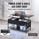 VEVOR Lift Top Coffee Table, 39.4 in Rectangle Coffee Table with Extra Storage Pockets, Flipable Coffee Table with Power Strip & USB & Ambient Lighting for Living Room, Black
