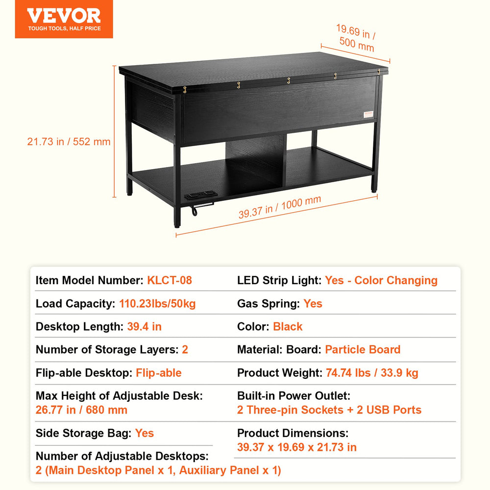 VEVOR Lift Top Coffee Table, 39.4 in Rectangle Coffee Table with Extra Storage Pockets, Flipable Coffee Table with Power Strip & USB & Ambient Lighting for Living Room, Black