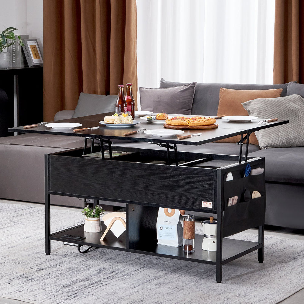 VEVOR Lift Top Coffee Table, 39.4 in Rectangle Coffee Table with Extra Storage Pockets, Flipable Coffee Table with Power Strip & USB & Ambient Lighting for Living Room, Black