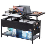 VEVOR Lift Top Coffee Table, 39.4 in Rectangle Coffee Table with Extra Storage Pockets, Flipable Coffee Table with Power Strip & USB & Ambient Lighting for Living Room, Black