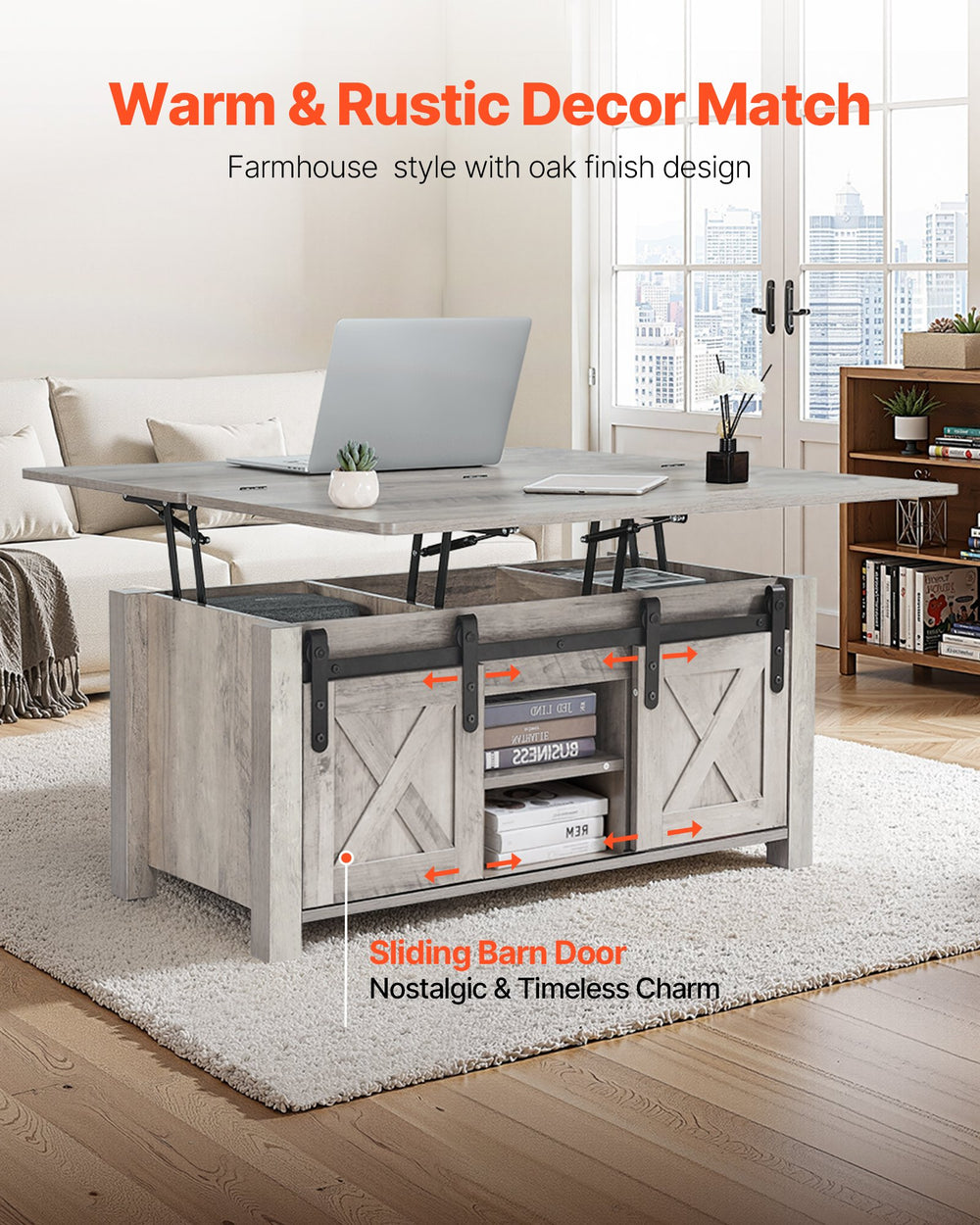 VEVOR 1000 mm Farmhouse Lift Top Coffee Table, Rustic Center Table with Barn Door and Hidden Storage Compartment, Modern Rectangle Lifting Tabletop for Living Room, Office, Home, Easy Assembly, Oak