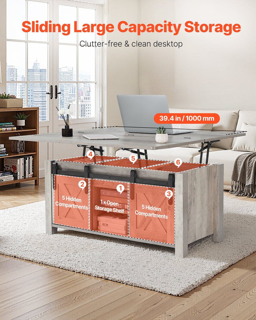VEVOR 1000 mm Farmhouse Lift Top Coffee Table, Rustic Center Table with Barn Door and Hidden Storage Compartment, Modern Rectangle Lifting Tabletop for Living Room, Office, Home, Easy Assembly, Oak